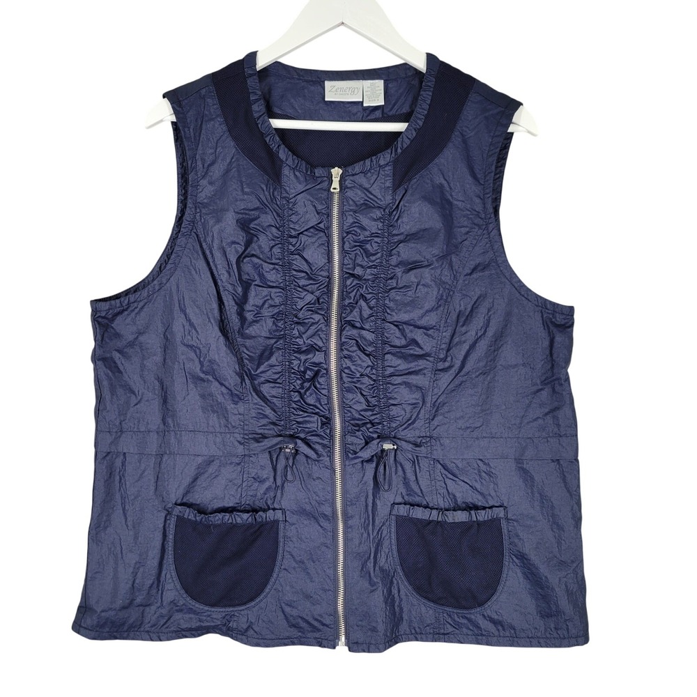 Chico's Zenergy Vest Womens Size 3 Blue Good Preowned Nylon Mesh Full Zip Ruched